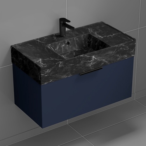 Nameeks DERIN966 Blue Bathroom Vanity With Black Marble Design Sink, Floating, 32 Inch